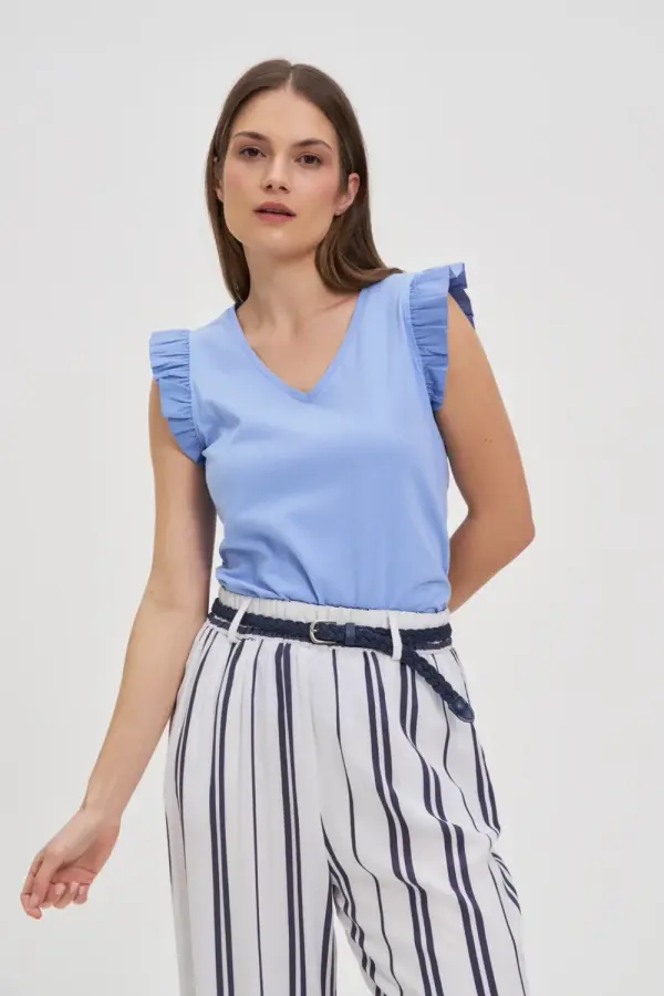 Marisse Marisse Sky Blue Blouse With Ruffles On The Shoulders