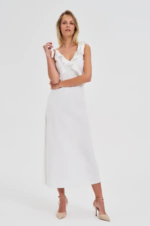Marisse Marisse White Midi Dress With Ruffles On The Neckline
