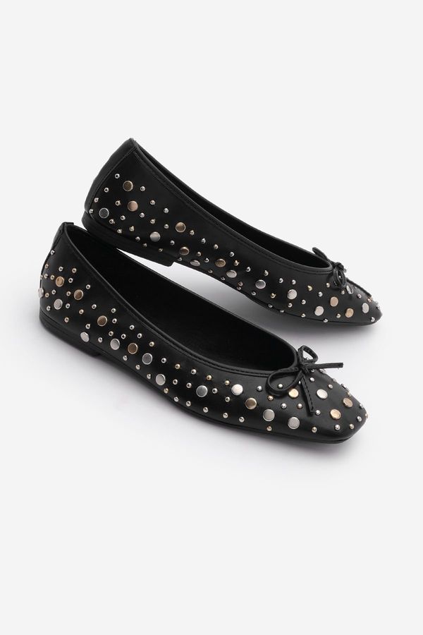 Marjin Marjin Women's Blunt Toe Studded Bow Detail Casual Ballerinas Vandera Black