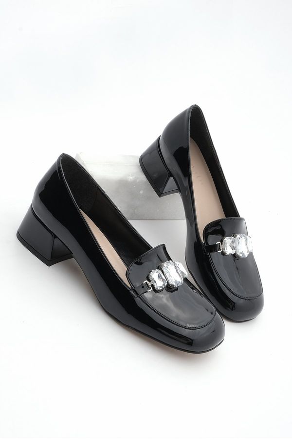 Marjin Marjin Women's Chunky Heel Stony Flat Toe Classic Heeled Shoes Lendina Black Patent Leather