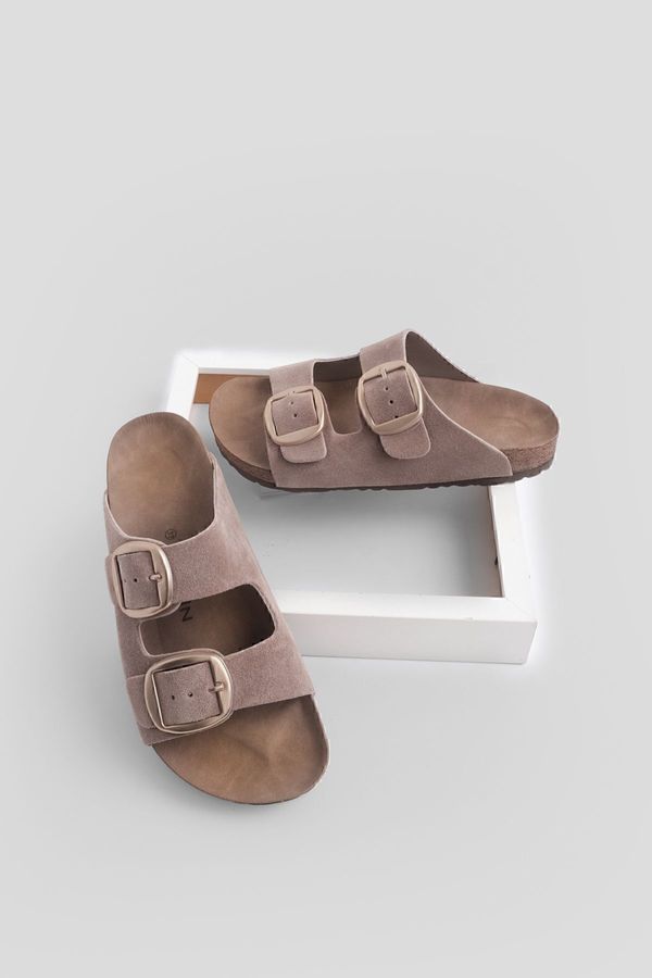 Marjin Marjin Women's Genuine Leather Daily Slippers With Double Straps, Eva Sole Poly Mink.