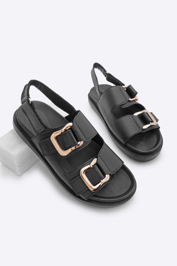 Marjin Marjin Women's Genuine Leather Gold Buckle Scarf Double Strap Casual Sandals Risay Black