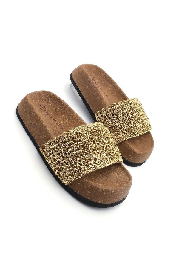 Marjin Marjin Women's Hand Knitted Cork Patterned Sole Daily Slippers Linta Gold