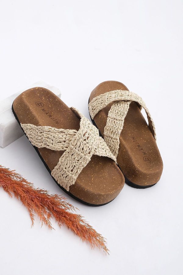 Marjin Marjin Women's Hand Knitted Mushroom Pattern Sole Cross Band Wicker Daily Slippers Parsey Beige Wicker