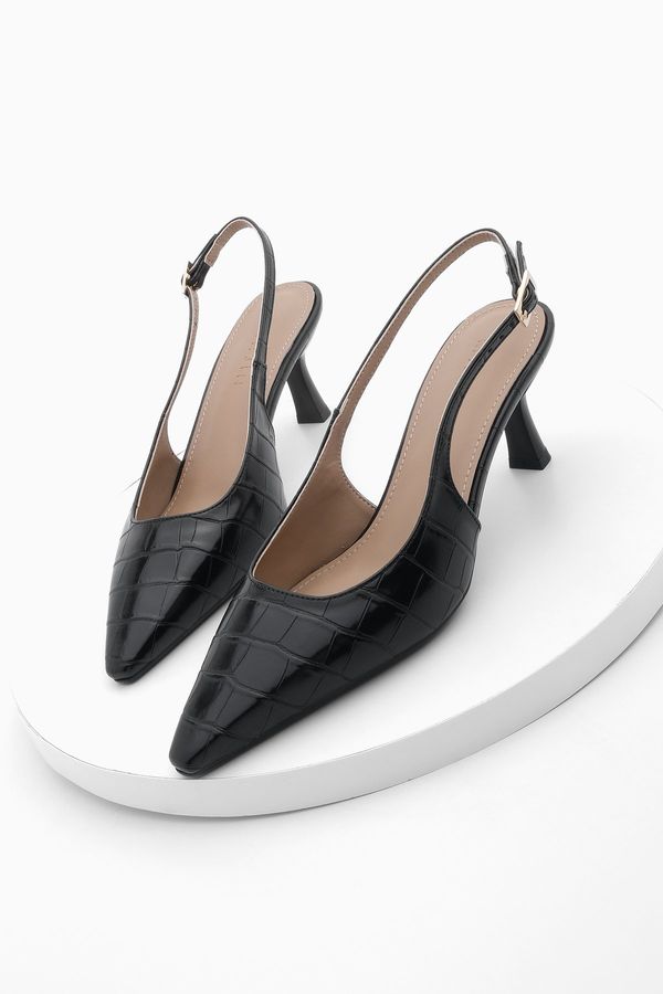 Marjin Marjin Women's Pointed Toe Open Back Thin Heel Classic Heel Shoes Fanle Black Croco