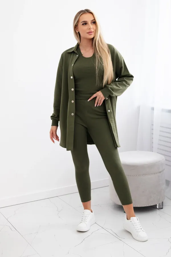 marka niezdefiniowana marka niezdefiniowana 3-piece set of sweatshirt, top and leggings khaki