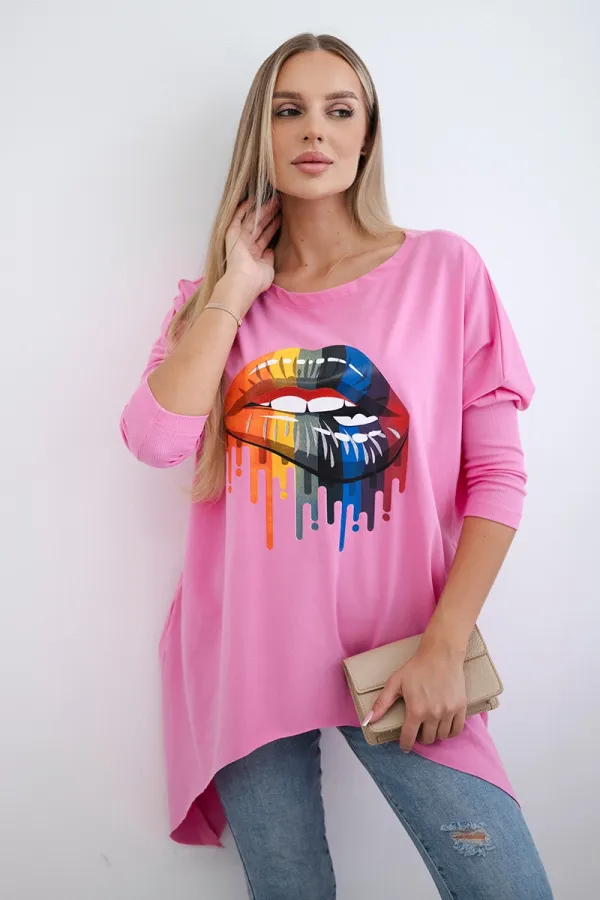 Kesi marka niezdefiniowana Blouse oversize with rainbow lips print light pink