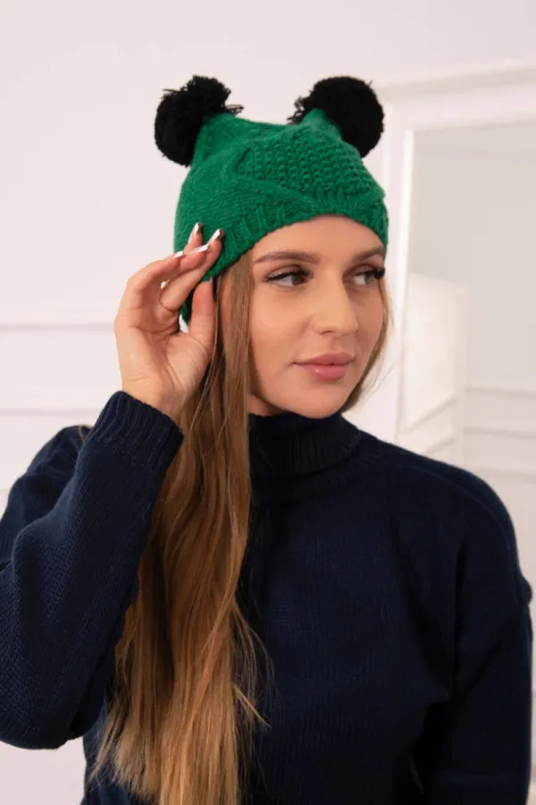 Kesi marka niezdefiniowana Cap with fleece 2 pompoms K291 green