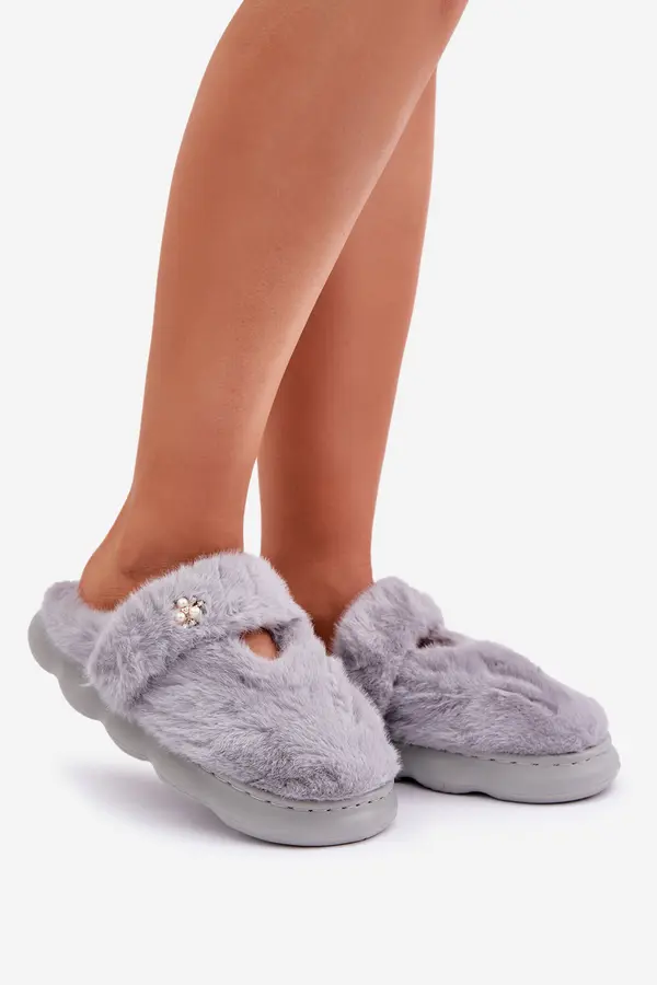 Boto marka niezdefiniowana Furry Slippers With A Small Brooch Gray Primaria