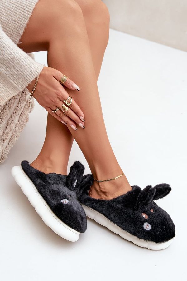marka niezdefiniowana marka niezdefiniowana Furry Slippers With Bunny Motif Black Natasha