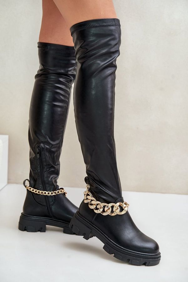 marka niezdefiniowana marka niezdefiniowana Knee High Boots On Flat Heel With Chain Pemeriana