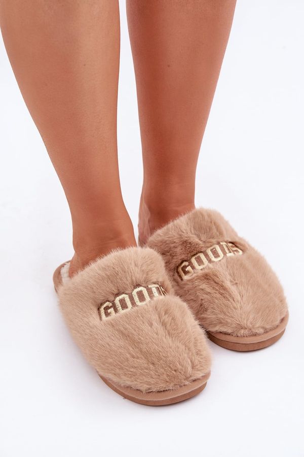 marka niezdefiniowana marka niezdefiniowana Ladies Slippers With Fur And Text Brown Kalelia