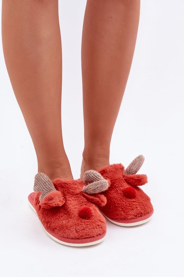 marka niezdefiniowana marka niezdefiniowana Women’s Fleece Slippers With Reindeer Motif Coral Sennalith