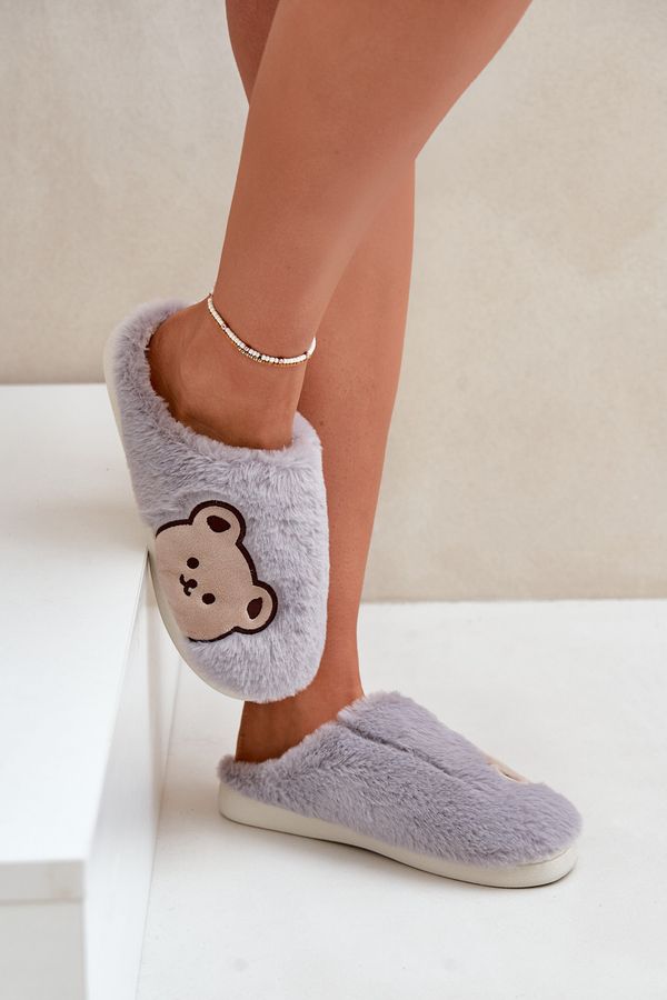 marka niezdefiniowana marka niezdefiniowana Women's furry slippers with a bear gray Fiorinella