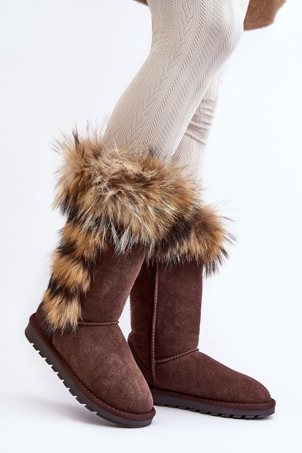 marka niezdefiniowana marka niezdefiniowana Women's Snow Boots With Fur Leather Suede Brown Balvin