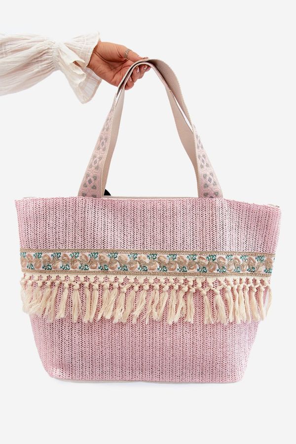marka niezdefiniowana marka niezdefiniowana Woven Large Beach Bag With Tassels Pink Missalori