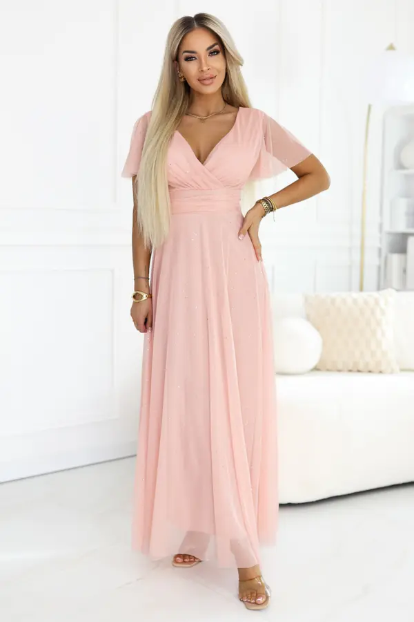 numoco basic Maxi obleka Melania z izrezom - breskev