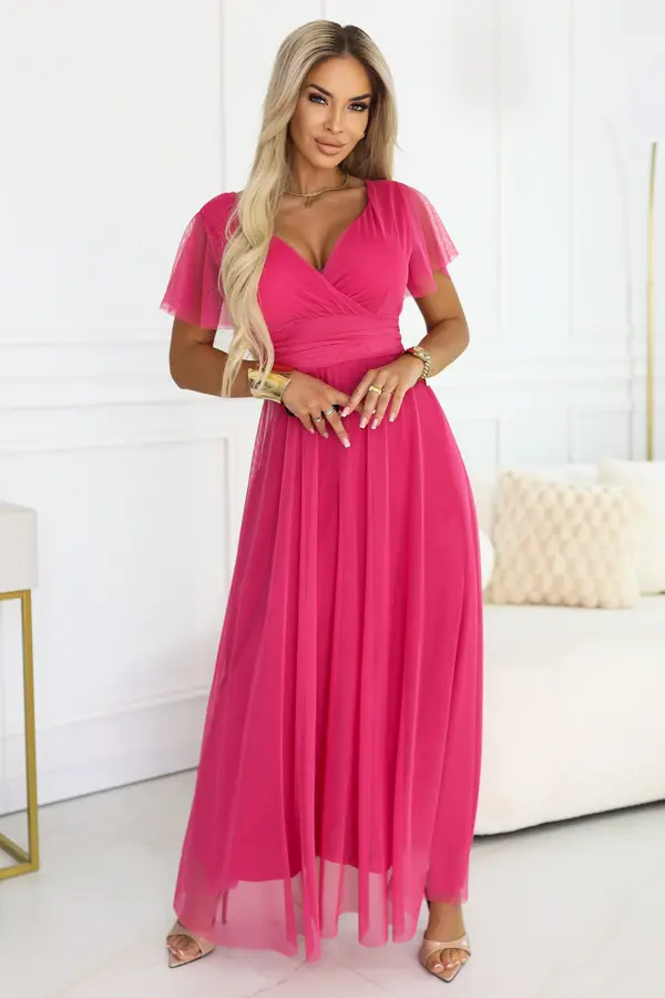numoco basic Maxi obleka z izrezom in vezalkami - malinov sorbet