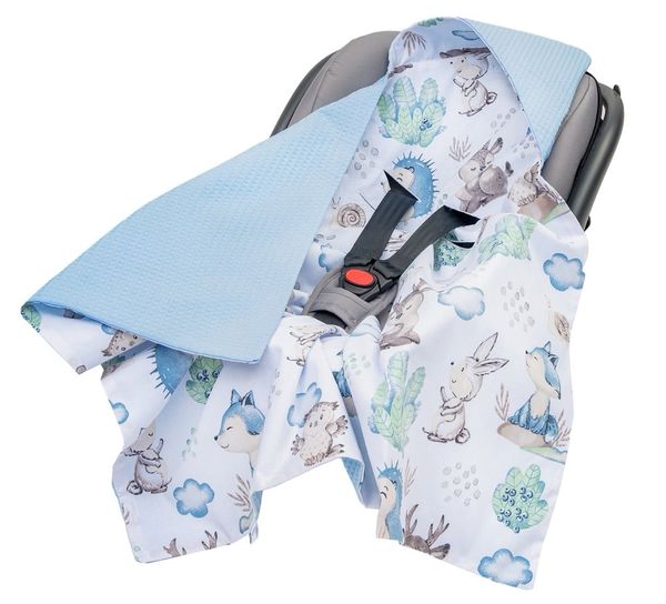 Medi Partners Medi Partners Baby carrier wrap – blanket with hood 85x85 cm – Waffle – Deer and hedgehog + mint Waffle