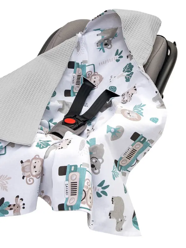 Medi Partners Medi Partners Baby carrier wrap – blanket with hood 85x85 cm – Waffle – Mint Zoo + gray Waffle