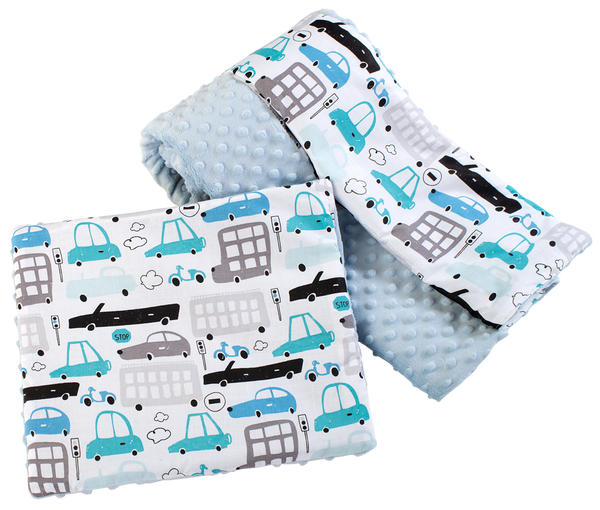 Medi Partners Medi Partners Quilt 75x100 + pillow 35x30 cotton + minky – Cars + light blue minky