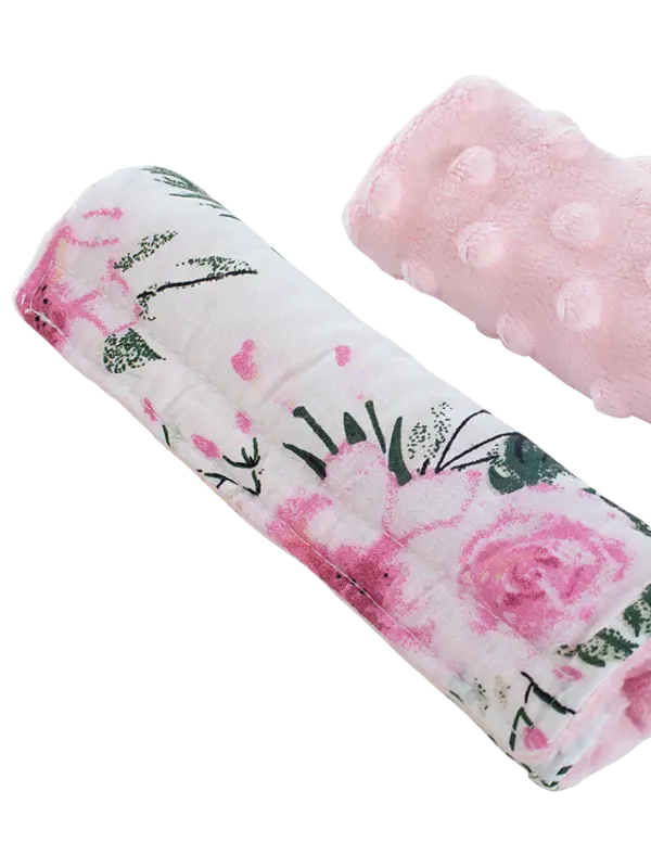 Medi Partners Medi Partners Stroller belt protectors (2 pcs.) cotton + minky – Flowers + pink minky