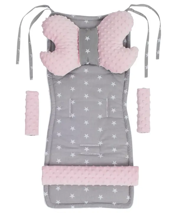 Medi Partners Medi Partners Stroller insert in a 4-piece set - White stars on gray + light pink minky