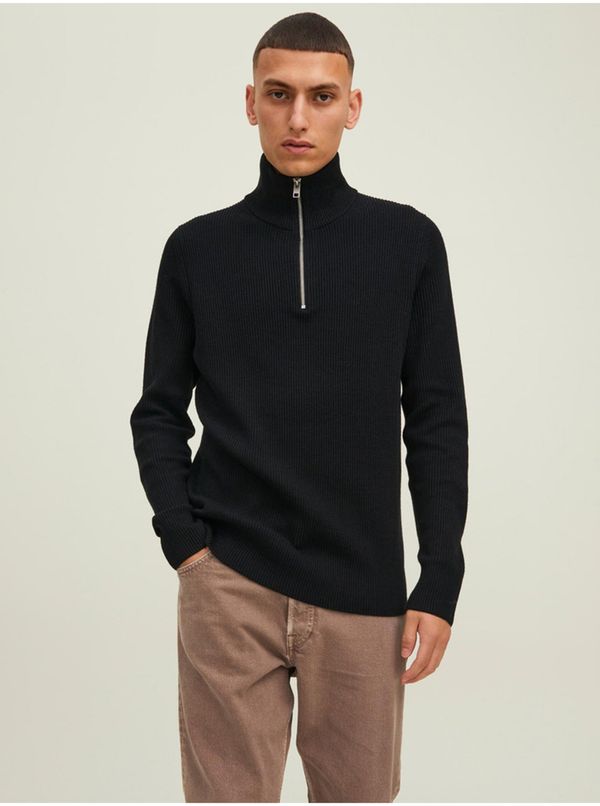 Jack & Jones Men's Black Ribbed Sweater with Zipper Jack & Jones Perfect - Men