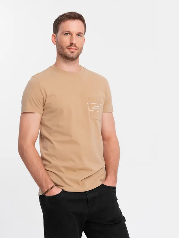 Ombre Men's cotton t-shirt with pocket print Ombre Streetstyle - sand