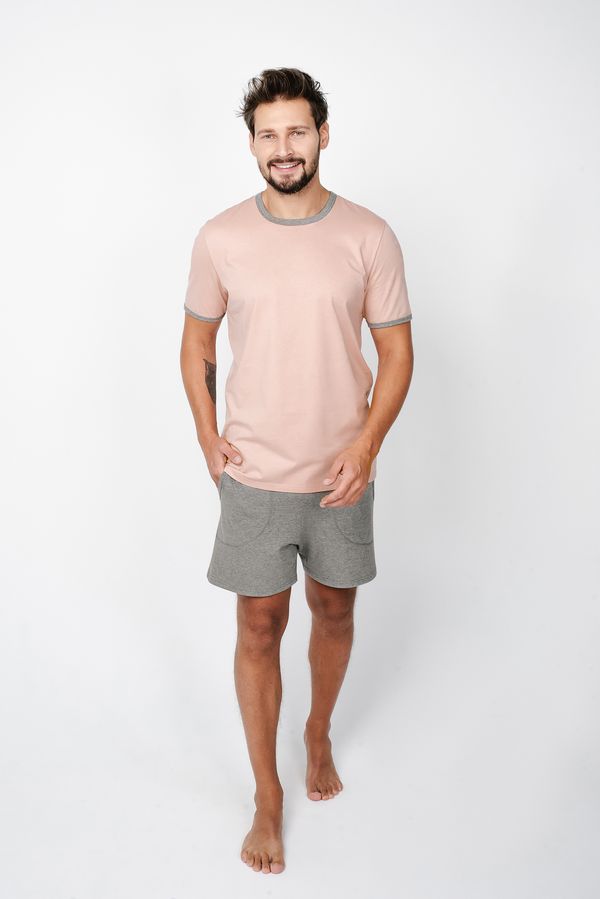 Italian Fashion Men's pyjamas Nikodem, short sleeves, shorts - salmon pink/medium melange