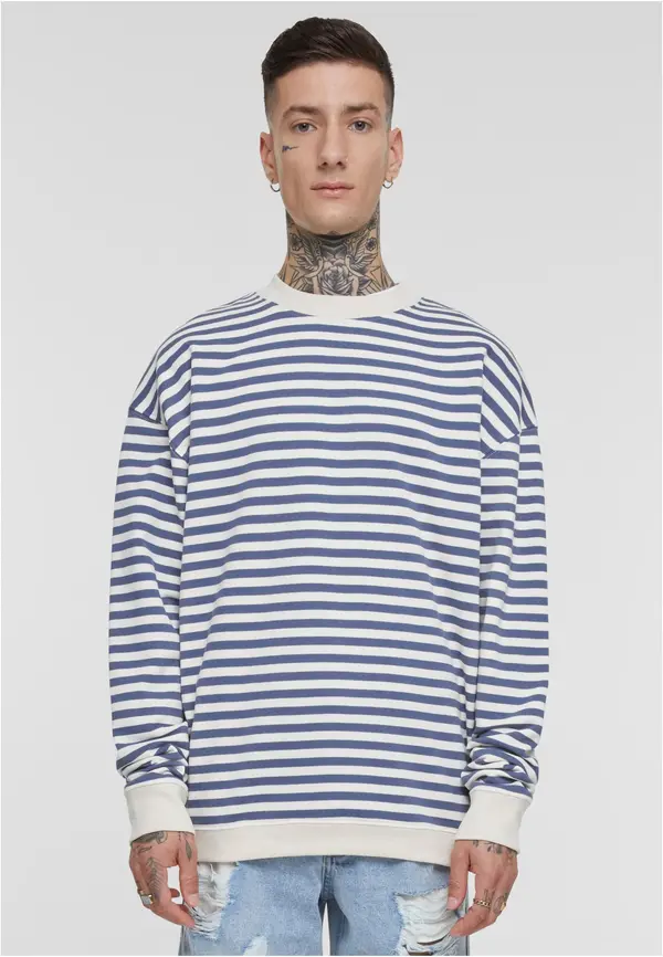Urban Classics Men's Striped Crewneck Sweatshirt - White Sand/Blue
