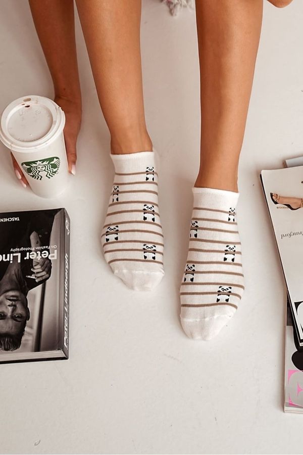 Milena Milena Womens Cotton Ankle Socks Pandas And Stripes Ecru