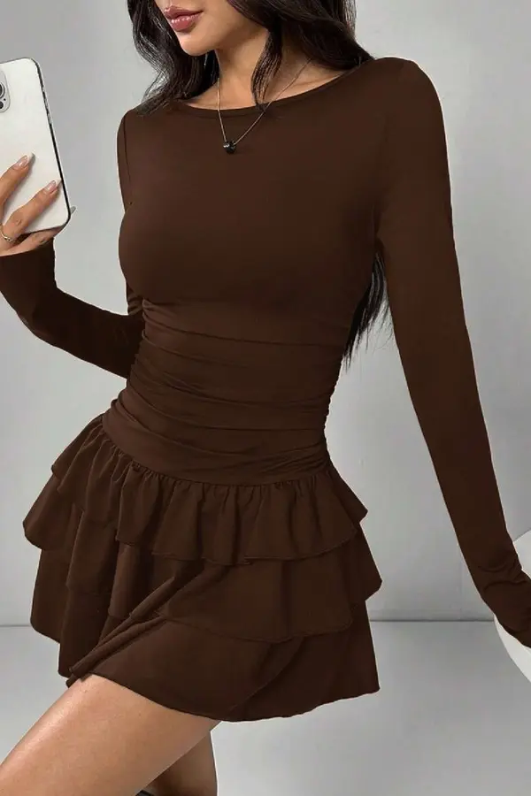 dewberry Mini obleka z vzorcem ježka in več plastmi - RJAVA