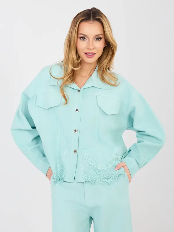 RUE PARIS Mint jeans jakna s čipko