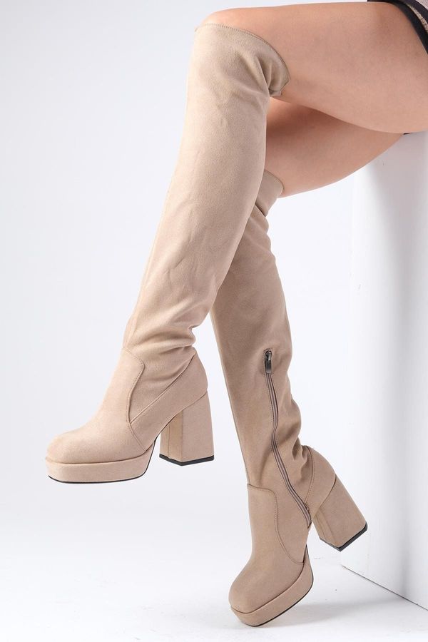 Mio Gusto Mio Gusto Caprice Women's Beige Suede Platform Stretch Boots