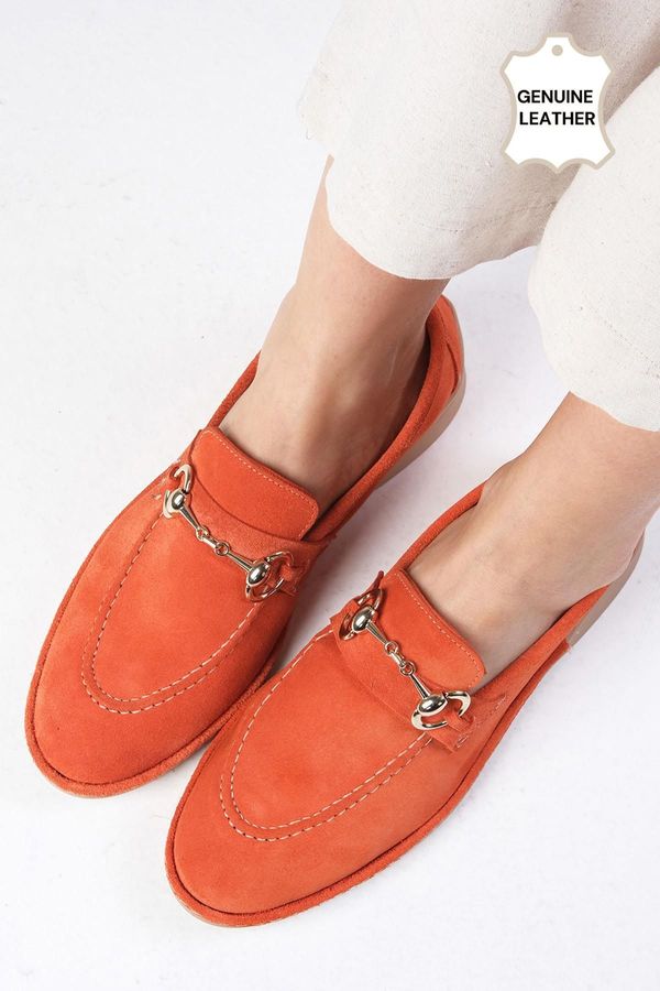 Mio Gusto Mio Gusto Claire Genuine Suede Orange Color Oval Toe Buckle Accessory Women's Loafer Shoes