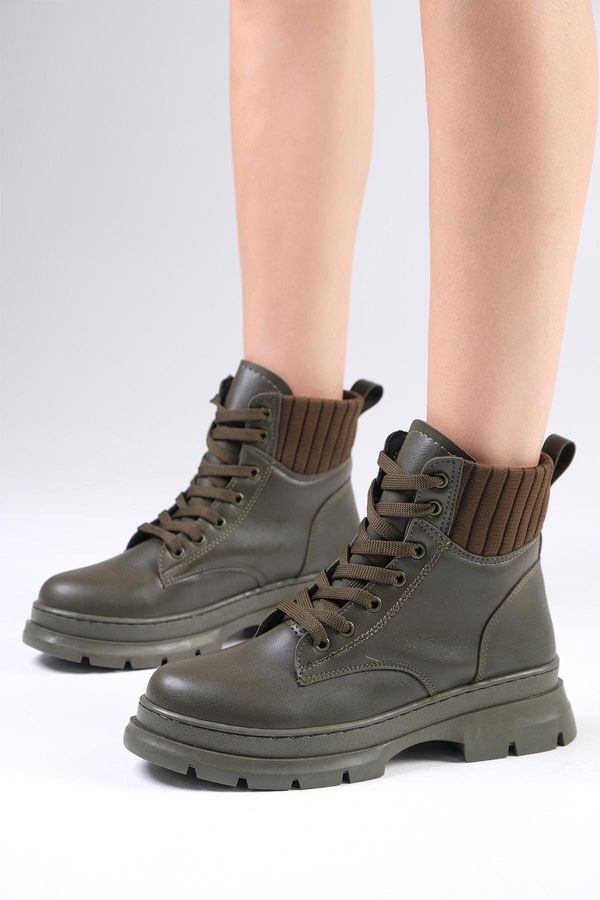 Mio Gusto Mio Gusto Frieda Khaki Green Women's Lace-Up Ankle Boots.