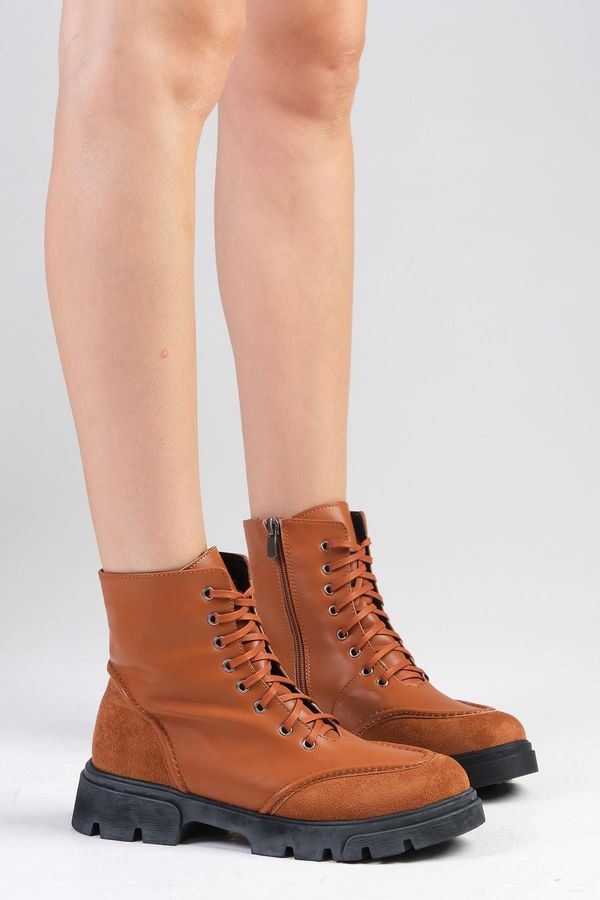 Mio Gusto Mio Gusto Samantha Tan Color Laced and Zippered Thick Soled Women's Combat Boots