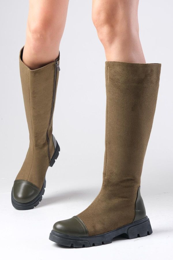 Mio Gusto Mio Gusto Women's Green Suede Boots with Zipper on the Side and Thick Soled