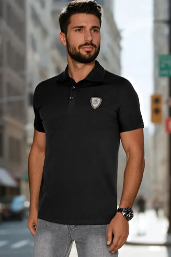 DStreet Moška črna polo majica z našitki