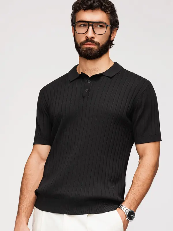 Ombre Moška črtasta polo majica Ombre SLIM FIT - črna