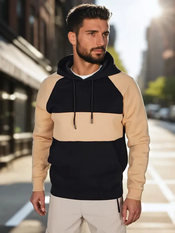 DStreet Moška jopa s kapuco v kamelji barvi in ​​črnih črtah