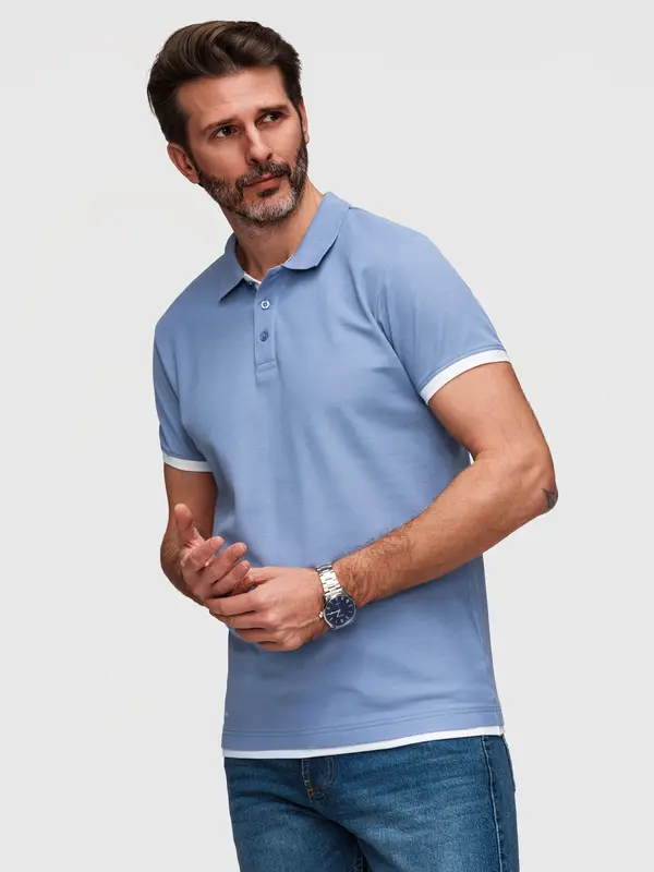 Ombre Moška ombre bombažna polo majica s kontrastnim robom - modra