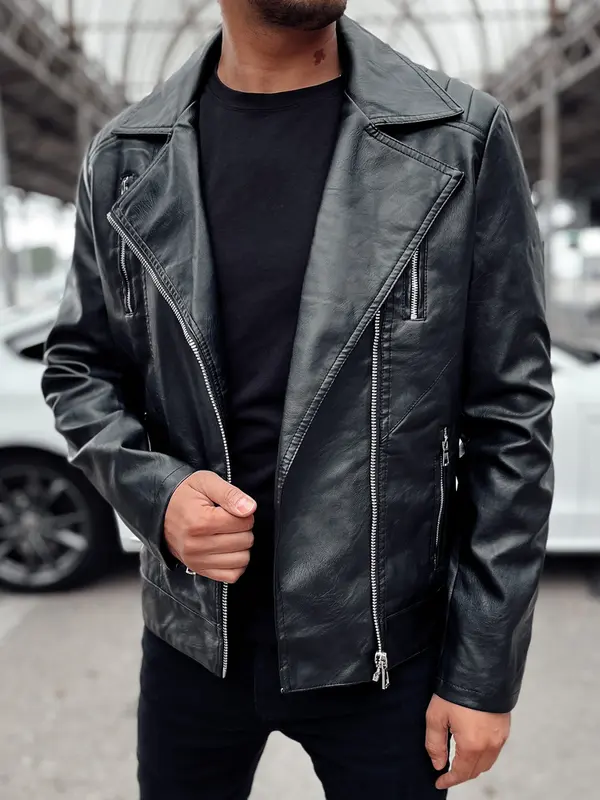 DStreet Moška usnjena jakna ramoneska črne barve