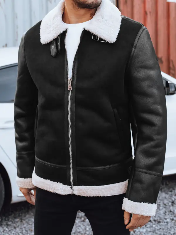 DStreet Moška usnjena jakna z belim krznom