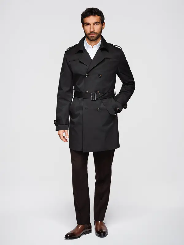 Ombre Moški dvoredni trenčkot Ombre SLIM FIT s pasom - črn