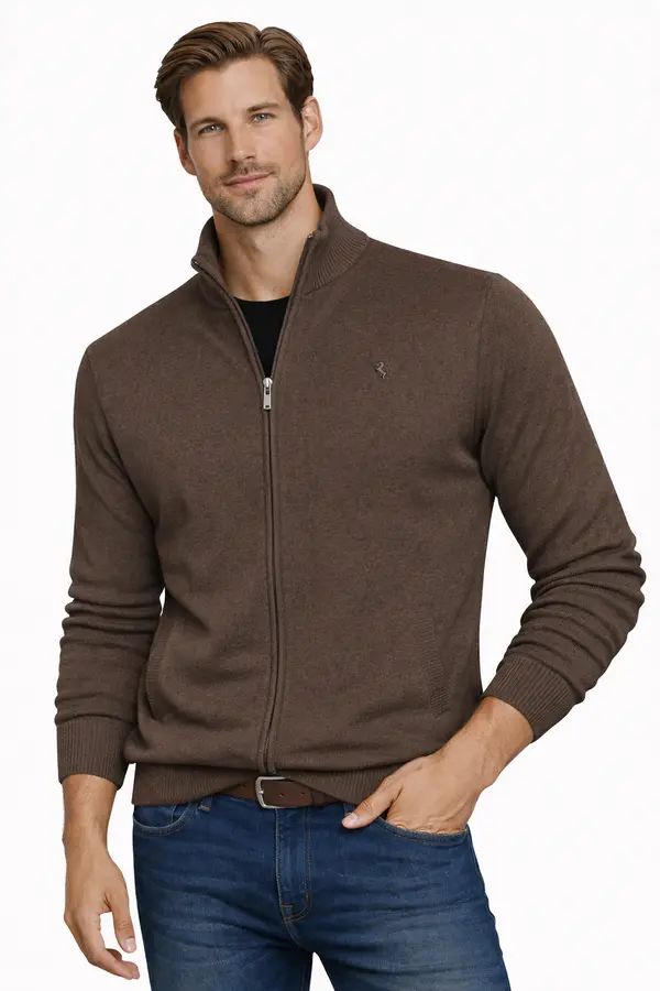 ORIGINAL REDWAY Moški pulover z odprtim ovratnikom - rjav