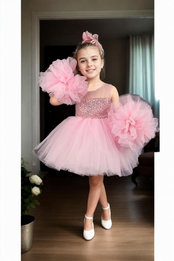 dewberry N4732 Dewberry Chiffon Sequined Girls Evening Dress-PINK