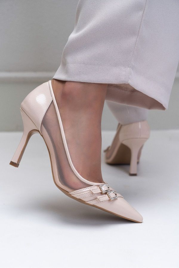 NİŞANTAŞI SHOES NİŞANTAŞI SHOES Beige Patterned Double Buckle Detail Women's Thin Heeled Shoes