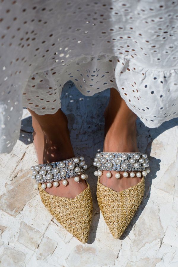 NİŞANTAŞI SHOES NİŞANTAŞI SHOES Fomax Beige Straw Pearl Detail Women's Heeled Slippers